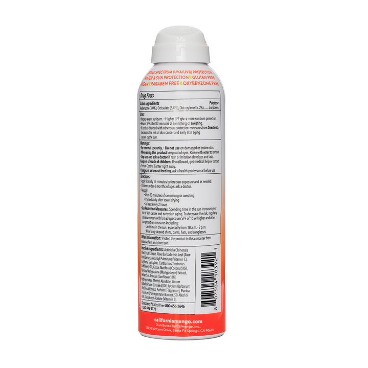 California Mango sunscreen spray can back label showing Drug Facts and ingredients list