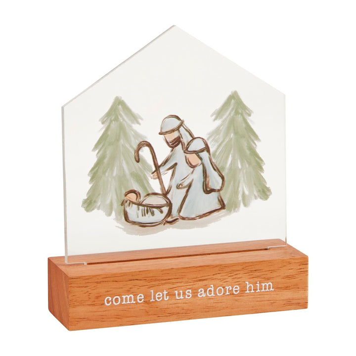 Mud Pie acrylic LED Christmas ornament with nativity scene and evergreen trees on wooden base