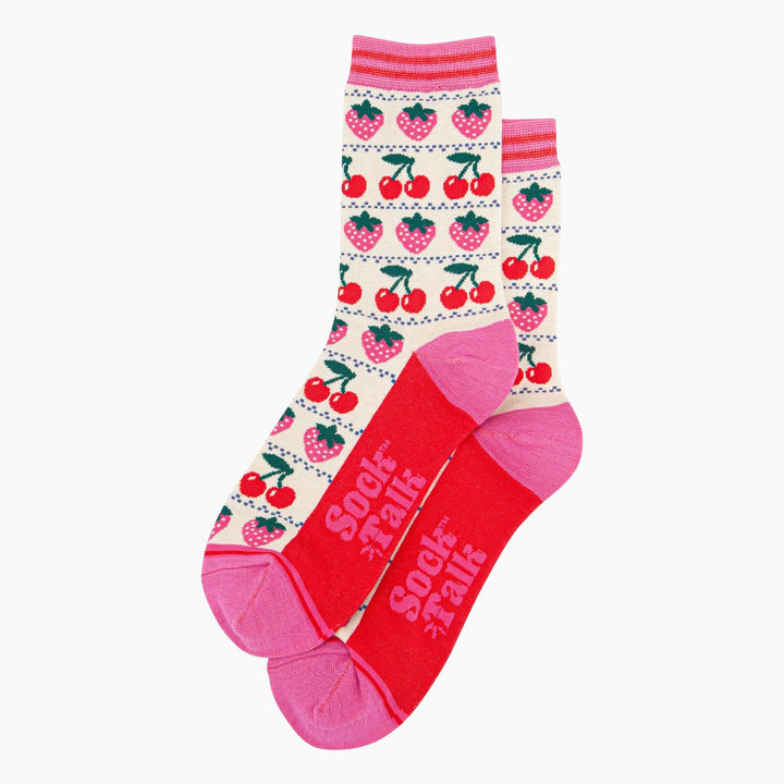 Strawberry Cherry Fair Isle Bamboo Socks in Cream