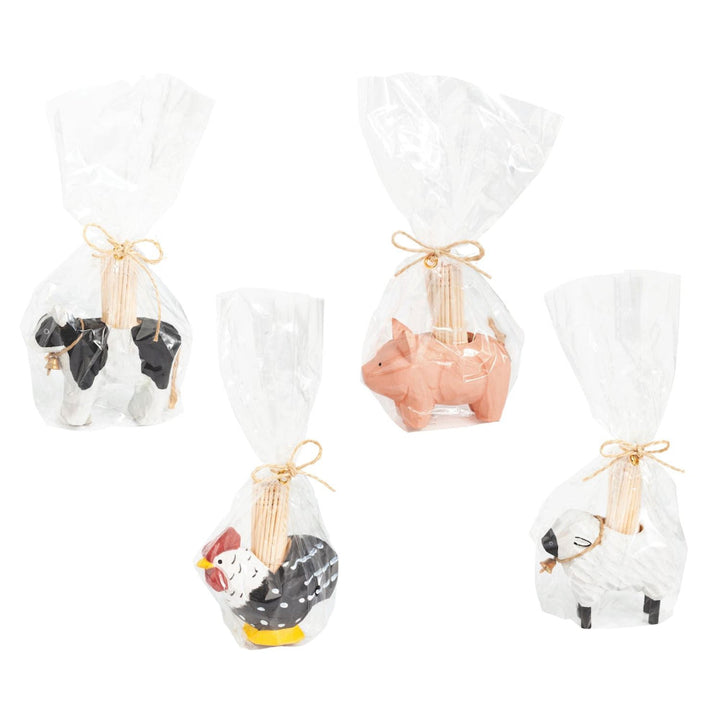Mud Pie wood toothpick holders featuring farm animals including pig, cow, rooster, and sheep