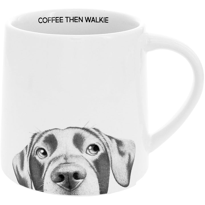 White 17oz mug featuring dog face illustration with Coffee Then Walkie text