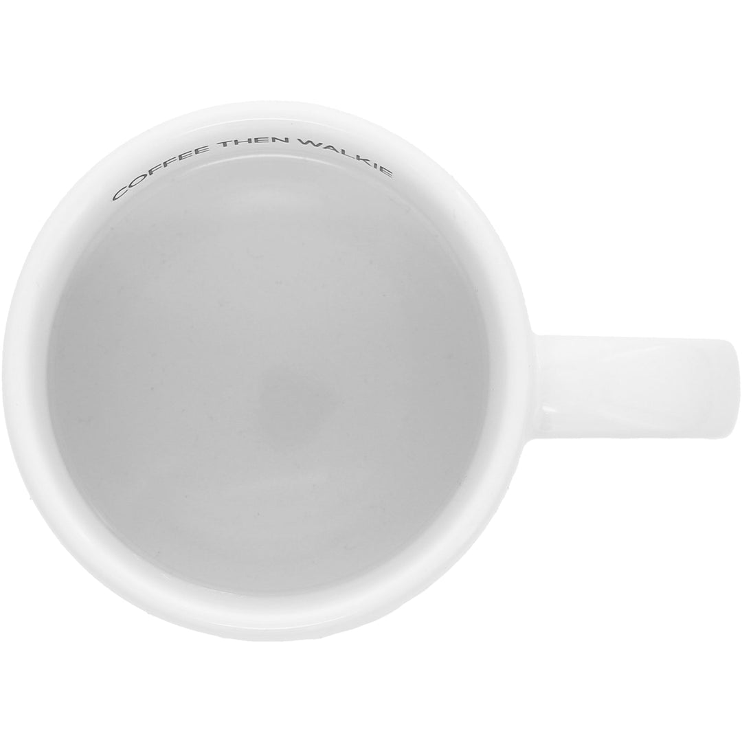 White ceramic 17 oz mug with 'Coffee Then Walkie' text inside rim
