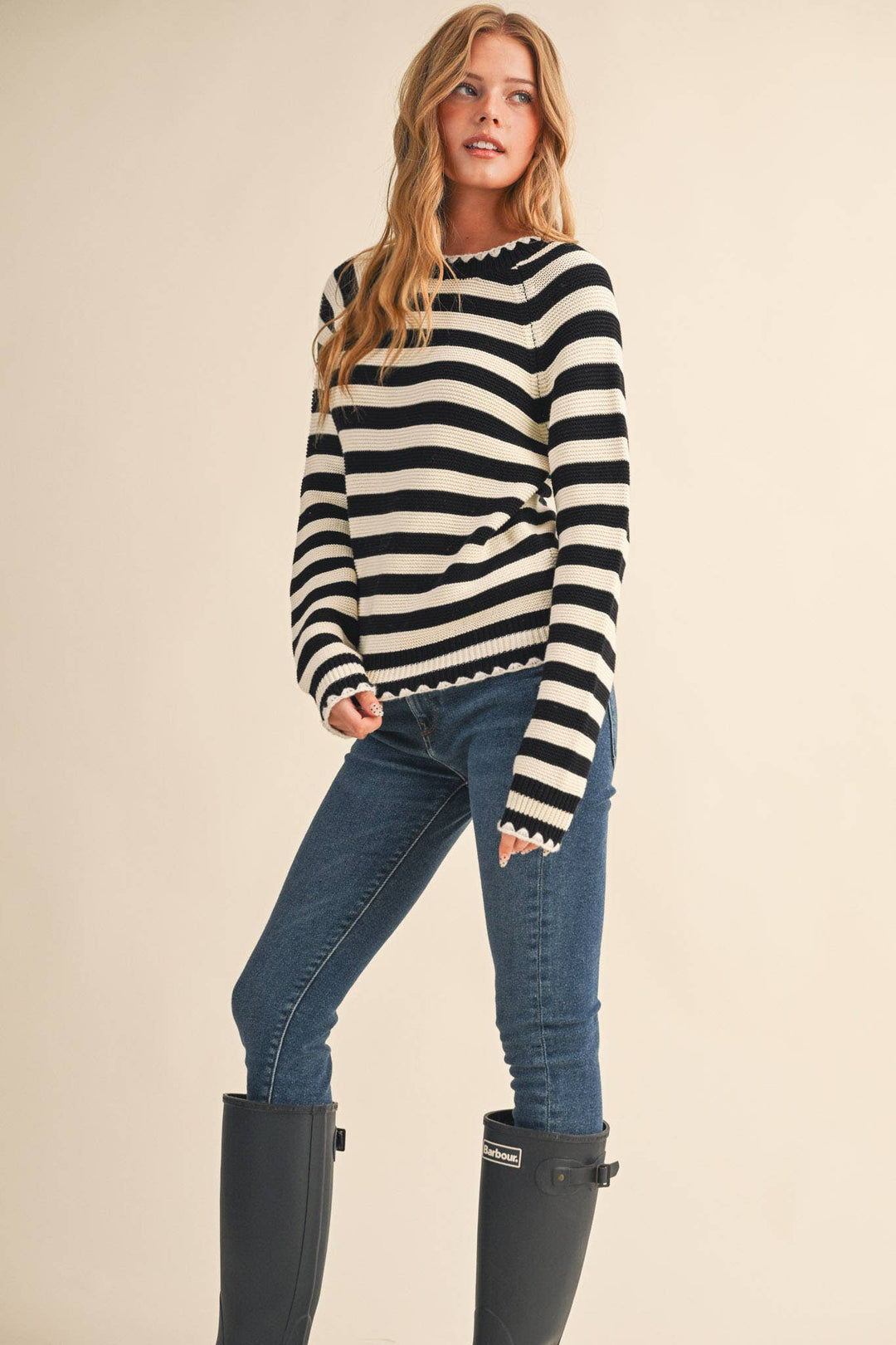 Striped Puff Sleeve Sweater w/ Contrast Stitch