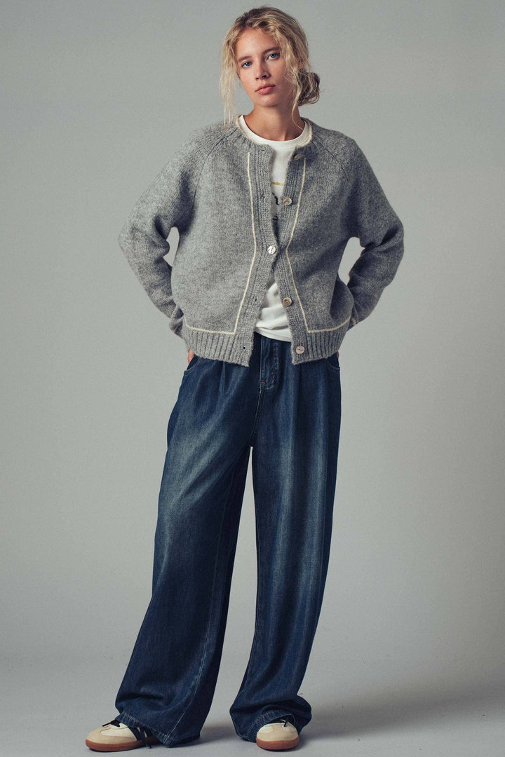 Contrast Trim Boho Knit Button Cardigan