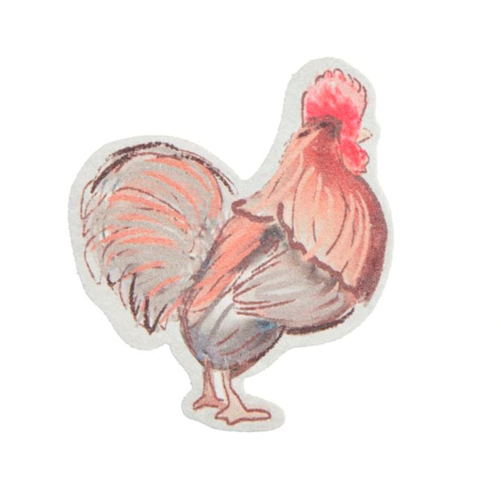 Rooster-shaped pop up sponge with red comb and coral pink body