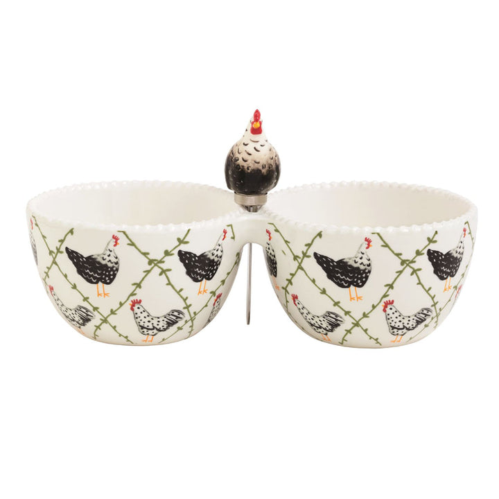 Mud Pie double serving bowl with chicken rooster pattern and decorative lid handle
