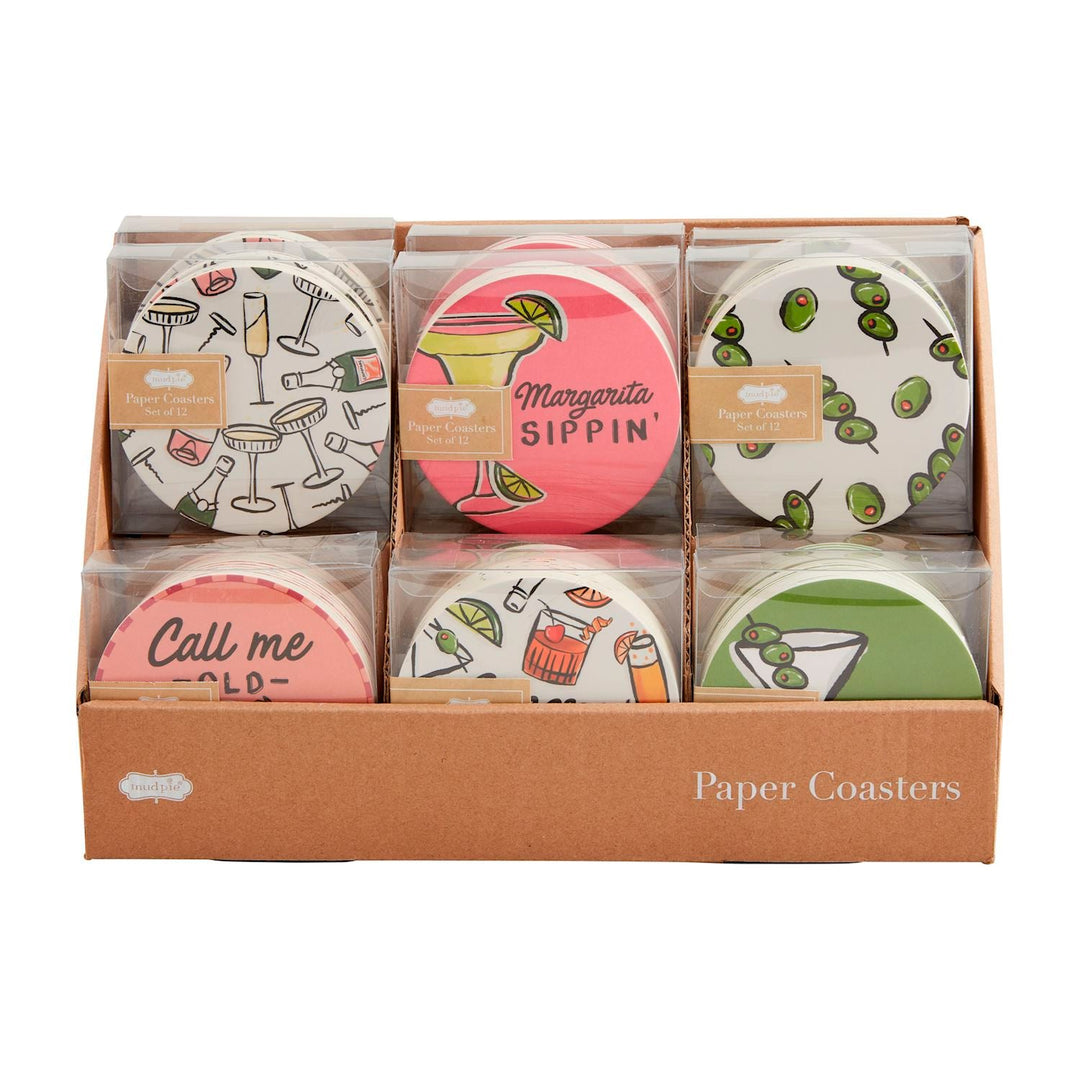 Mud Pie wine paper coaster display box with six cocktail-themed coaster sets