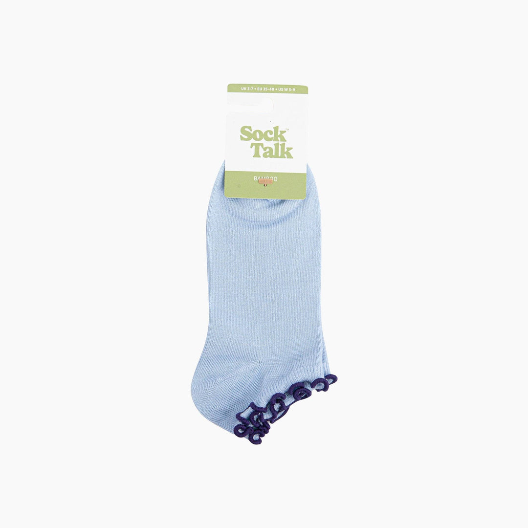 Light blue bamboo ankle socks with navy frill trim by Sock Talk