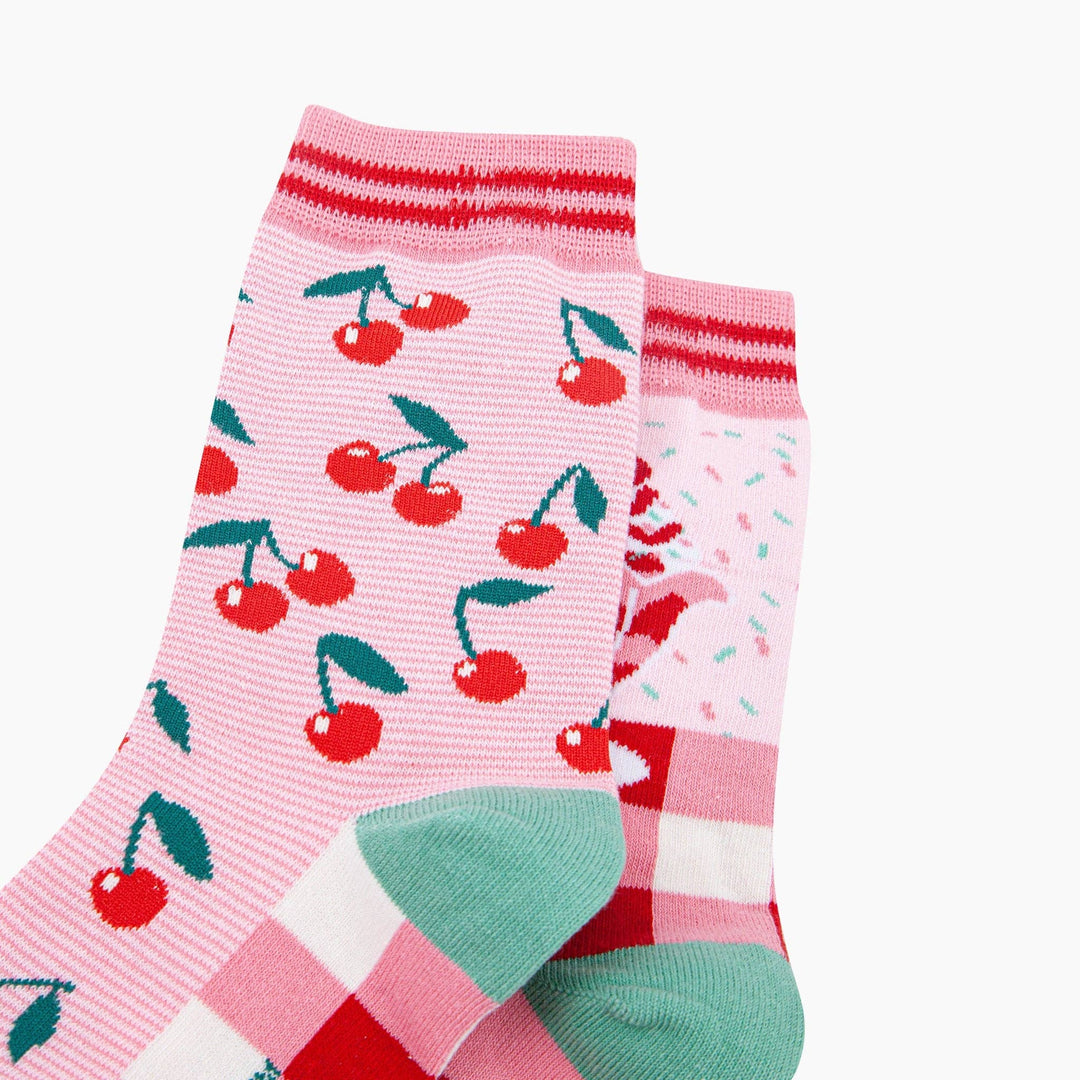 Cherry Ice Cream Sundae Combed Cotton Odd Socks in Pink