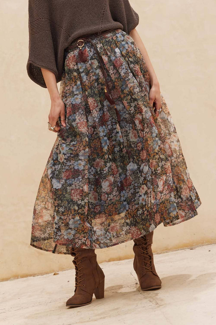 Floral-Print Pleated Midi Skirt