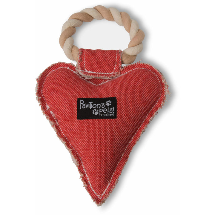 Red heart-shaped dog toy with braided wooden rope handle by Pavilions Pets