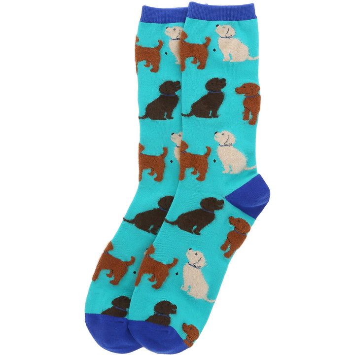 Turquoise unisex socks with colorful dog breed pattern and blue accents