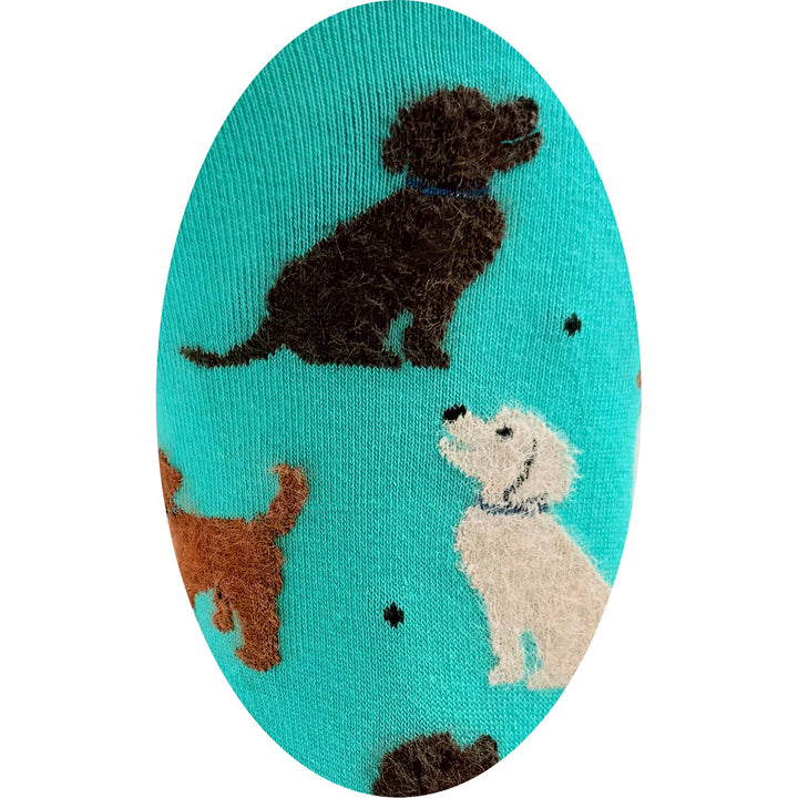 Turquoise unisex socks featuring pattern of various dog breeds in different colors