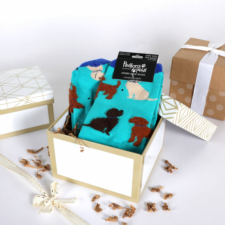 Pavilion Pets unisex crew socks in turquoise with colorful dog breed pattern