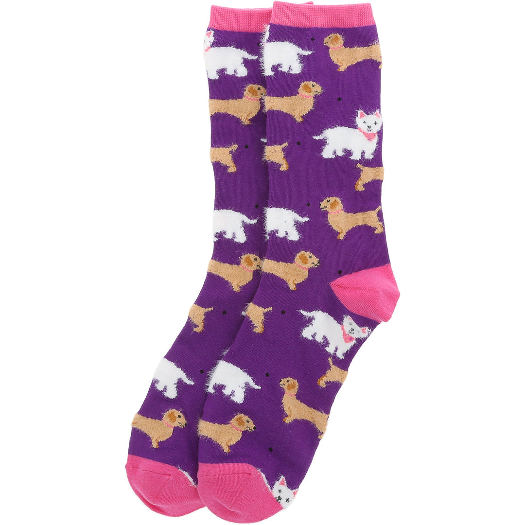 Purple unisex socks with cute small dog pattern in white and brown colors