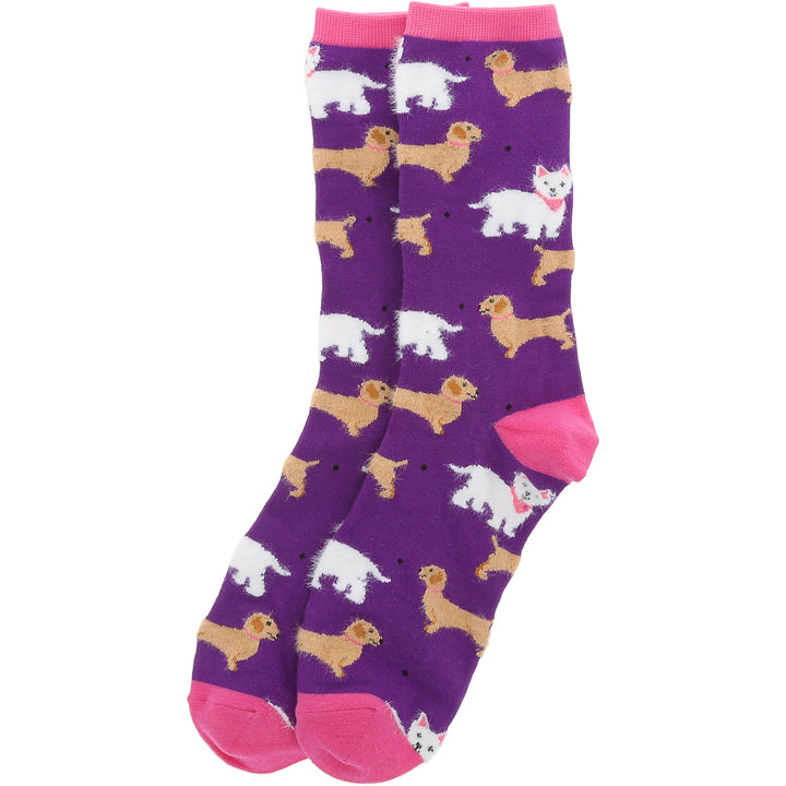 Purple unisex socks with cute small dog pattern in white and brown colors