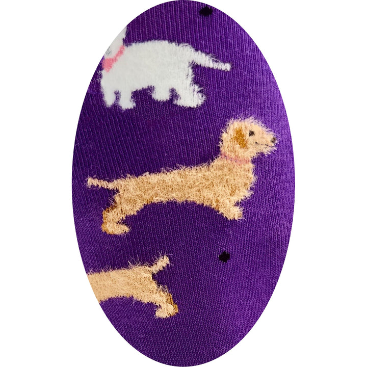 Purple unisex socks featuring small dog patterns with white and golden puppies