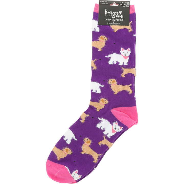 Purple unisex crew socks with colorful small dog pattern by Pavilion