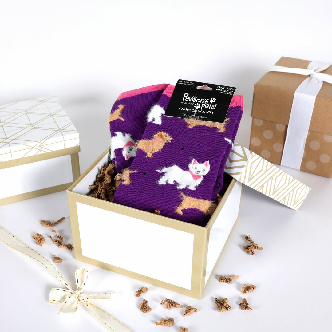 Purple unisex crew socks with colorful small dog pattern by Pavilion