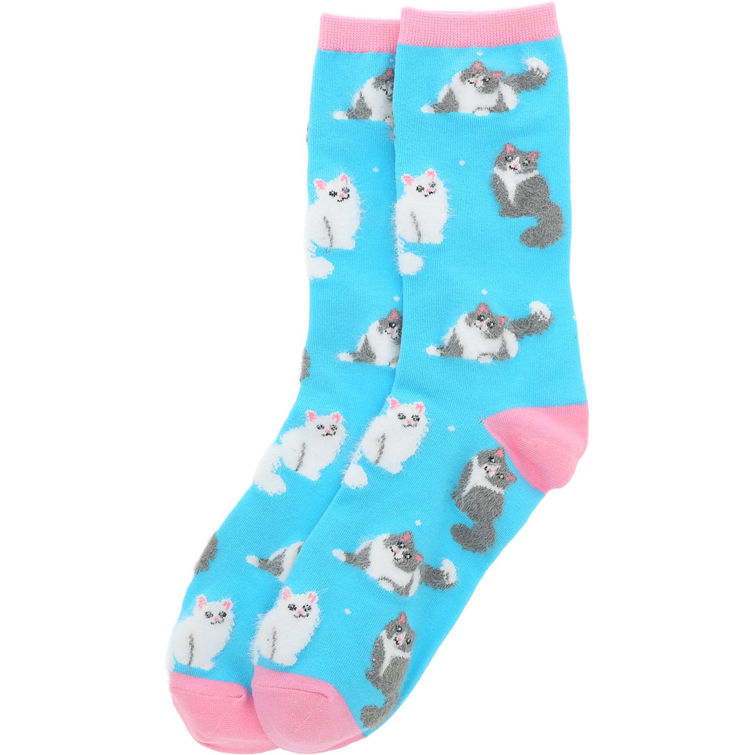 Turquoise blue unisex socks featuring white and gray cat pattern with pink trim