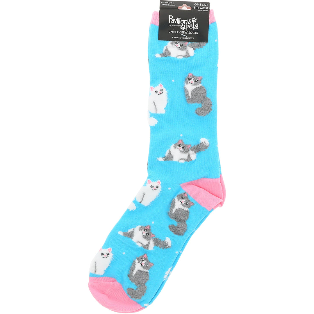 Pavilion Pals unisex crew socks in turquoise with white and gray cats pattern