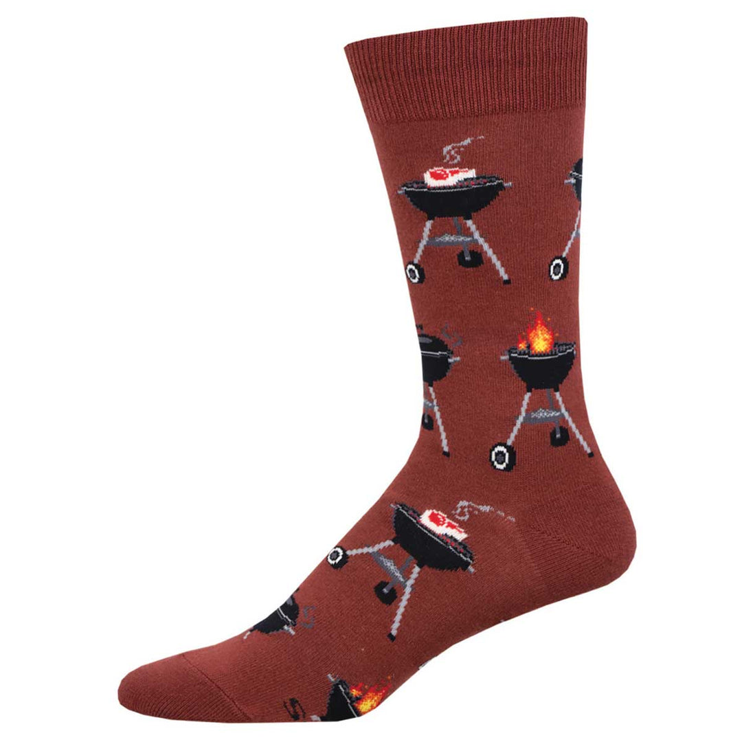 Socksmith Fired Up crew socks in red featuring BBQ grill and steak pattern