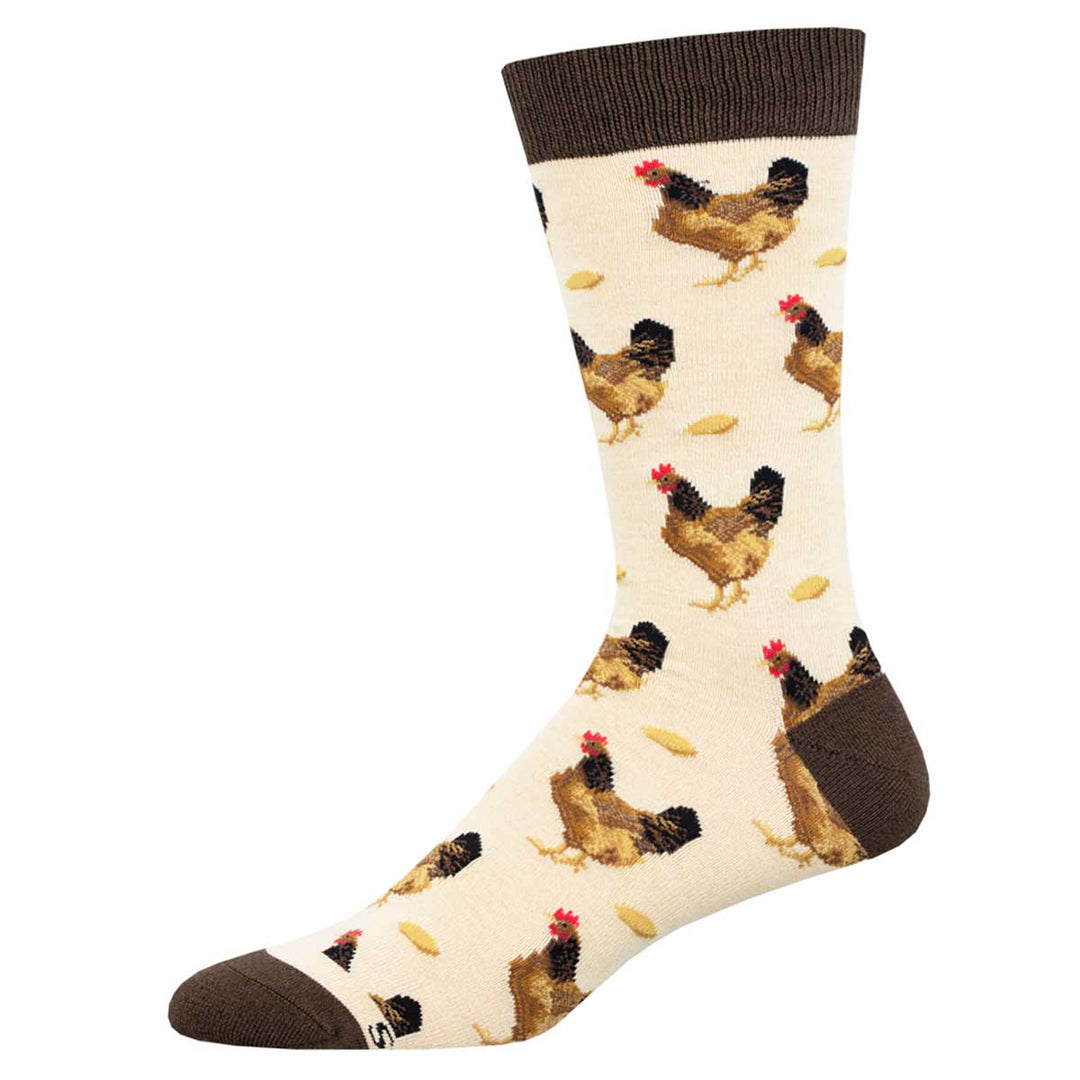 Socksmith Which Came First socks in ivory heather with chicken and grain pattern