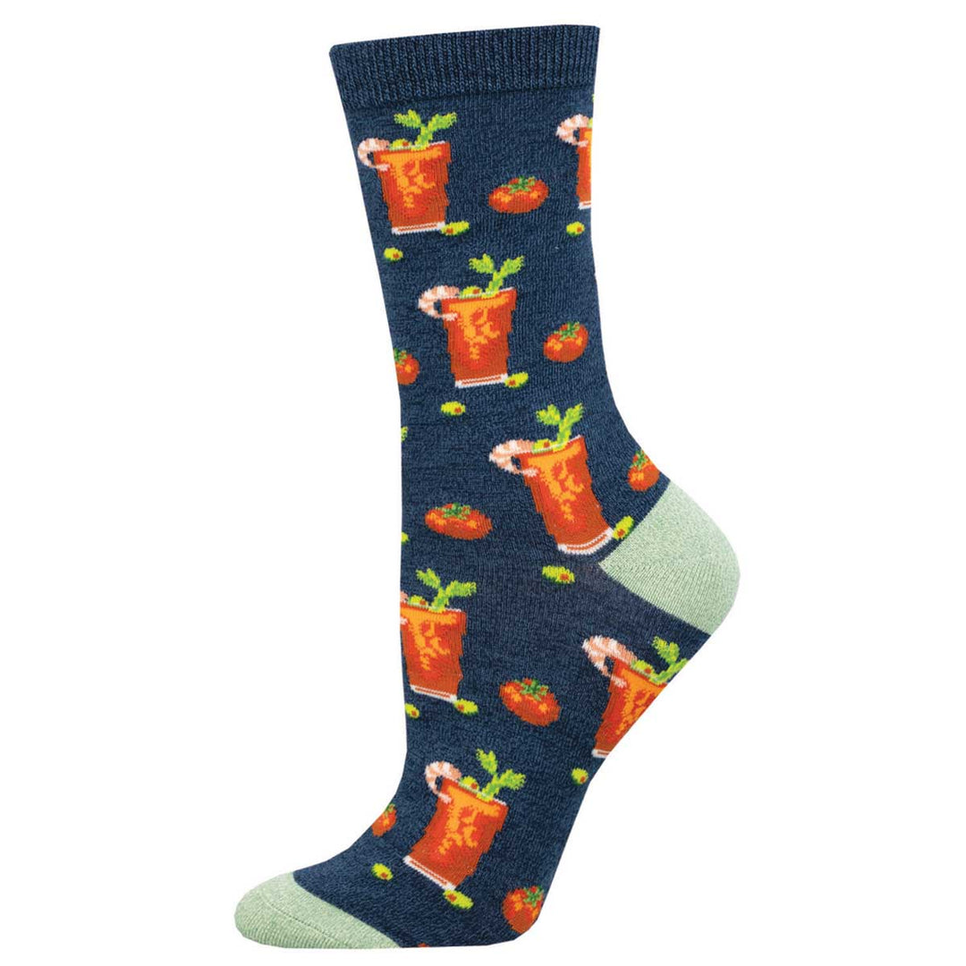 Socksmith navy heather crew socks with Bloody Mary cocktail and tomato pattern, mint green heel