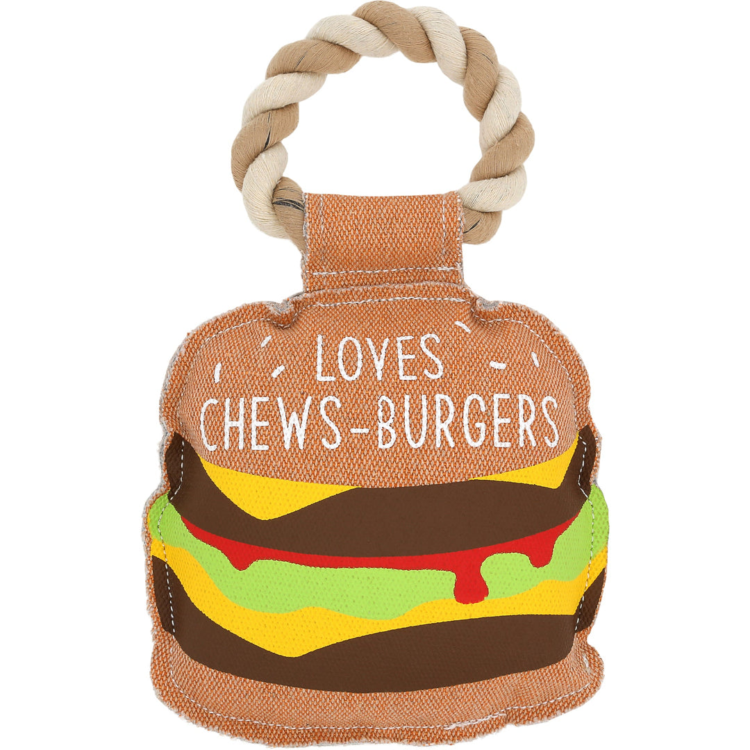 Dog toy hamburger with rope handle, text reads 'LOVES CHEWS-BURGERS'