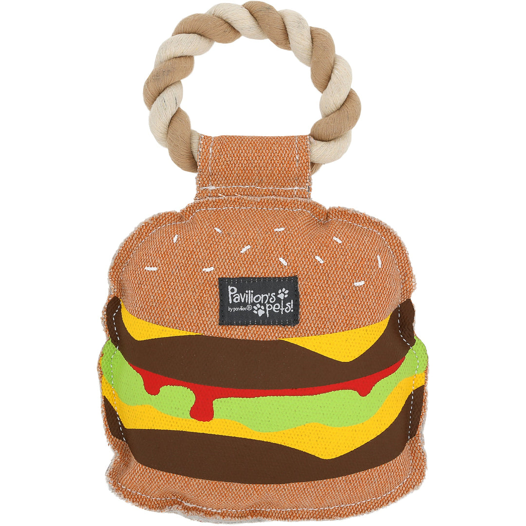 Pavilion dog toy hamburger with braided rope handle in realistic burger colors