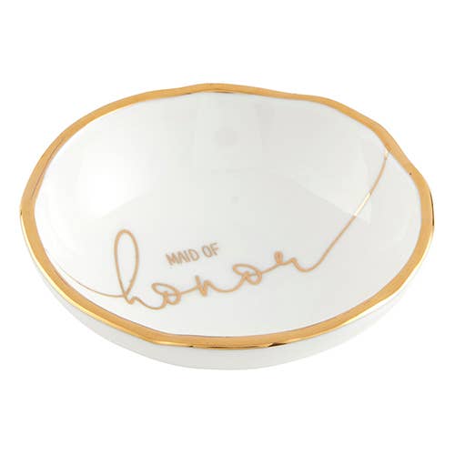 White ceramic jewelry dish with gold rim featuring 'Maid of Honor' script text