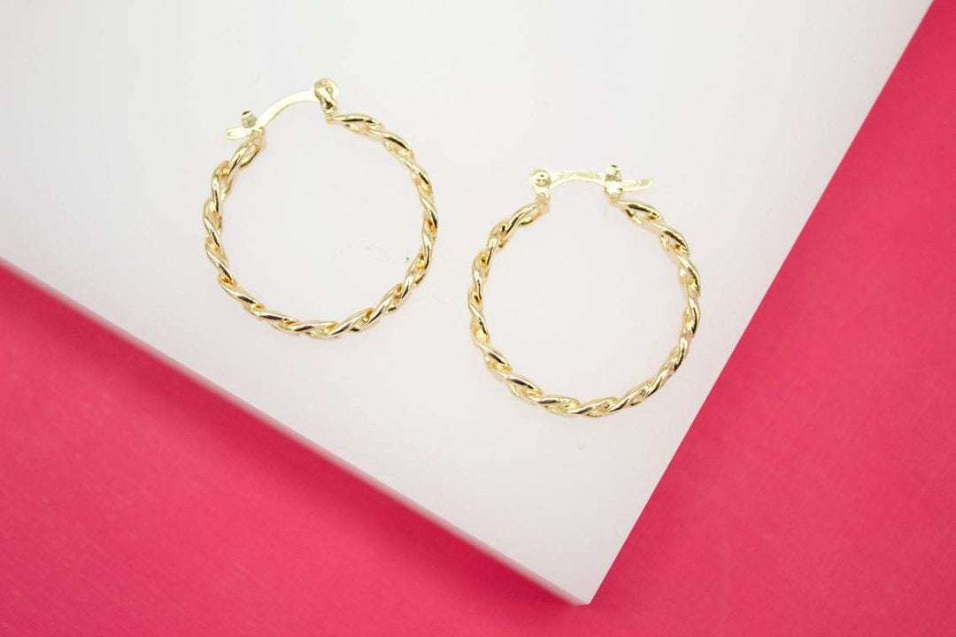 18K Gold Filled 4mm Curb Cuban Hoops Lever Back Hoop