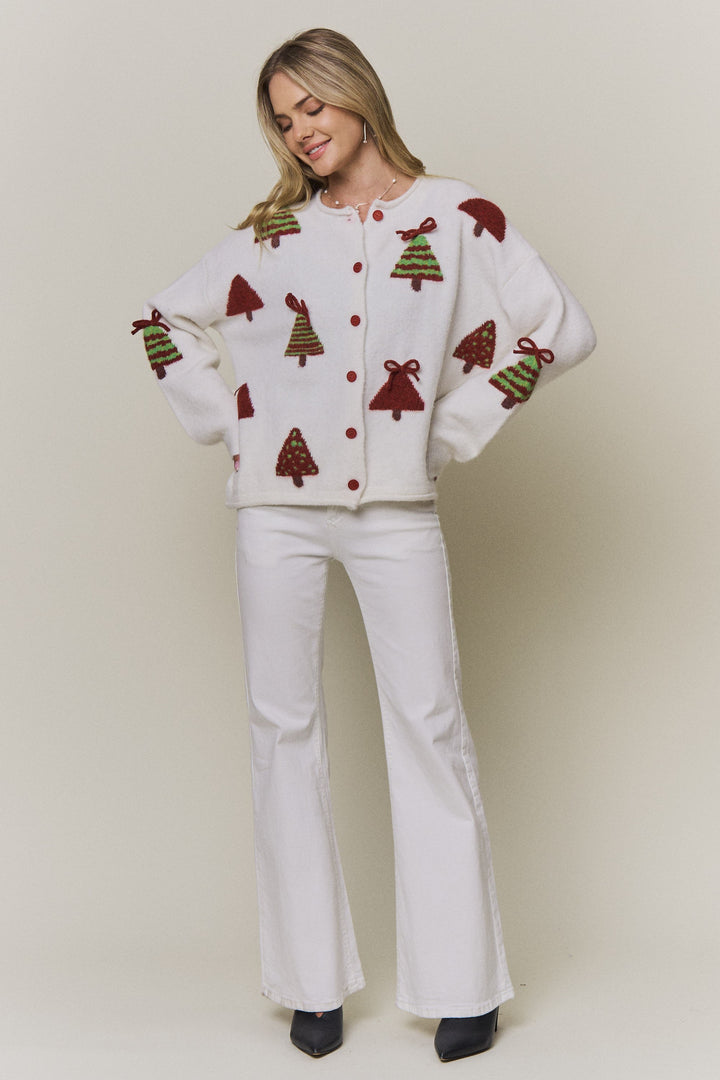 Festive Christmas Trees Button Knit Cardigan