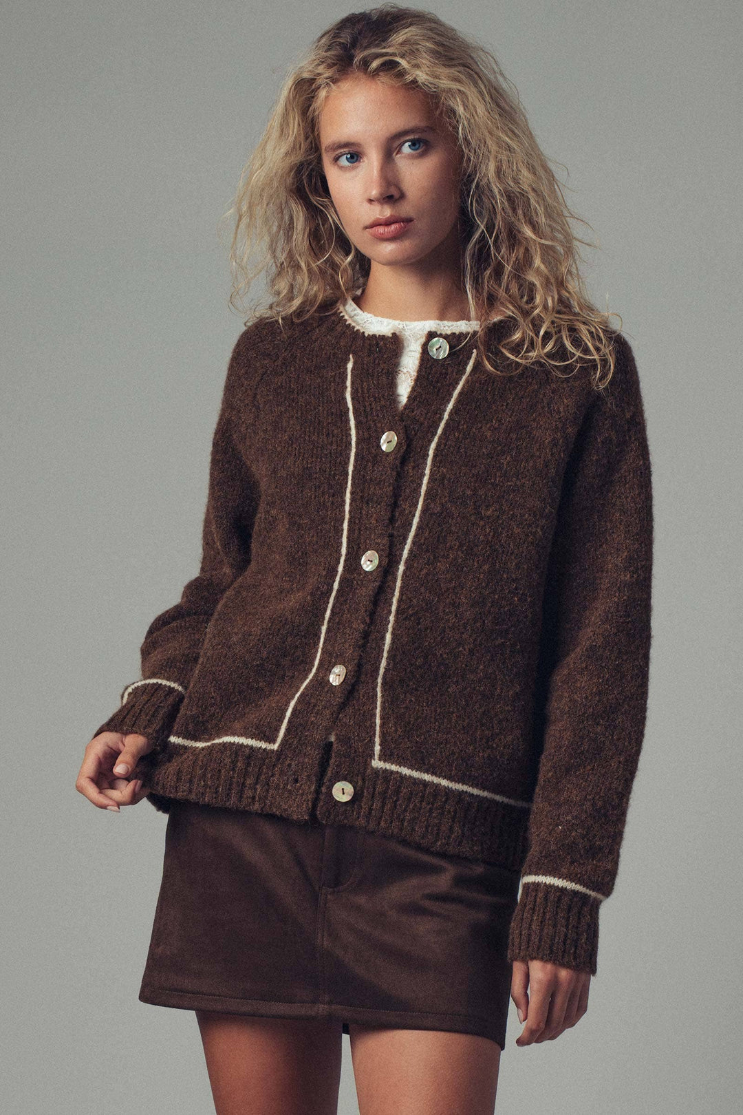 Contrast Trim Boho Knit Button Cardigan