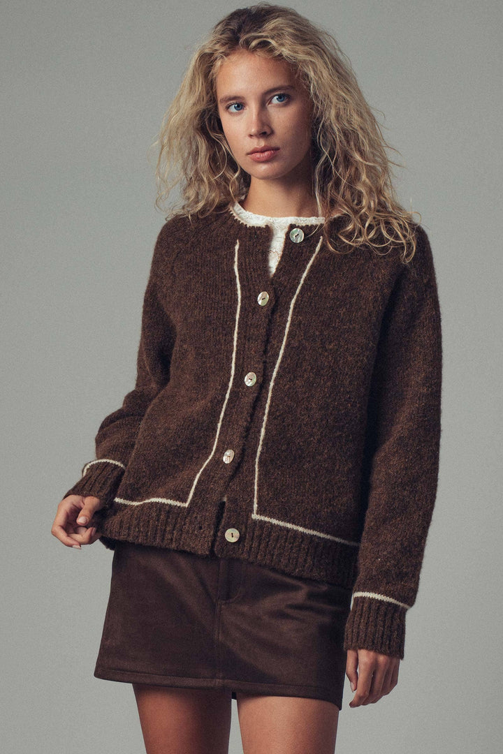 Contrast Trim Boho Knit Button Cardigan