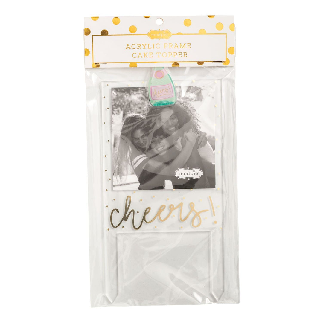 Mud Pie acrylic frame cake topper with gold polka dots and 'cheers' text