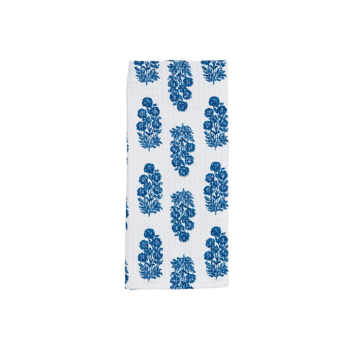 White kitchen towel with blue floral botanical pattern print