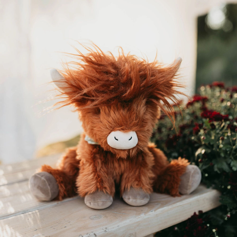 Hamish the Highland Cow stuffed plush toy with shaggy brown fur and small horns