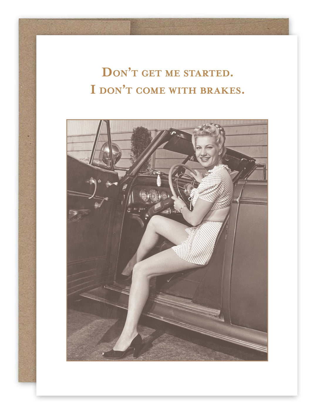 Birthday greeting card with vintage woman in car and humorous text about not having brakes