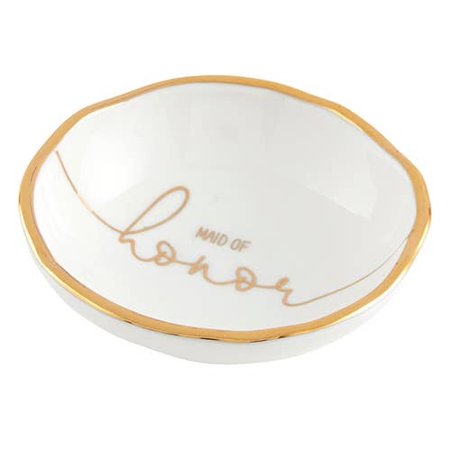 White ceramic jewelry dish with gold rim and 'Maid of Honor' text