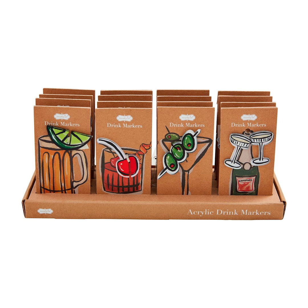 Mud Pie acrylic drink markers in display box featuring beer, cocktail, martini, and champagne designs