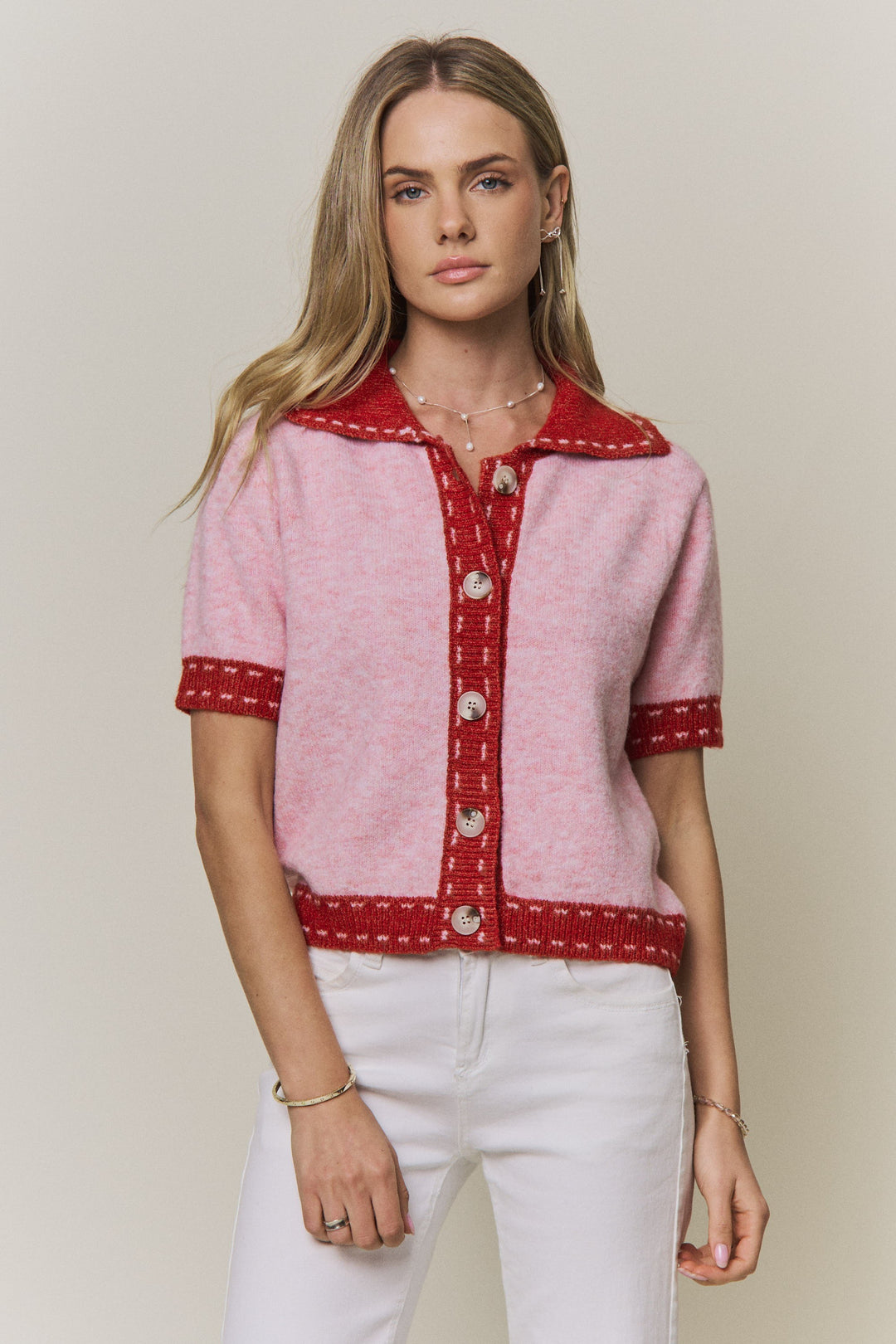 Collared Short-Sleeve Knit Cardigan Top