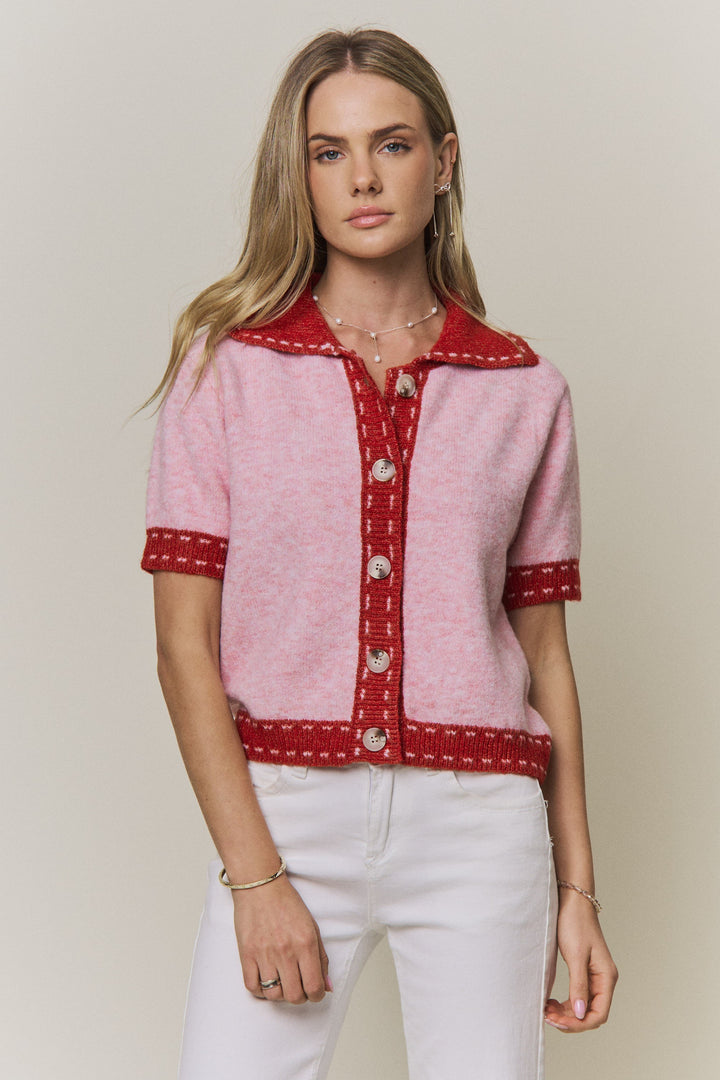 Collared Short-Sleeve Knit Cardigan Top
