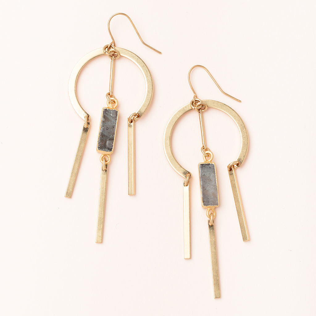 Gold circular earrings with gray stone bars and dangling metal fringe elements