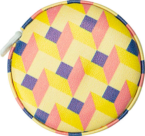 Round mini tape measure with colorful geometric diamond pattern in yellow, pink, and purple