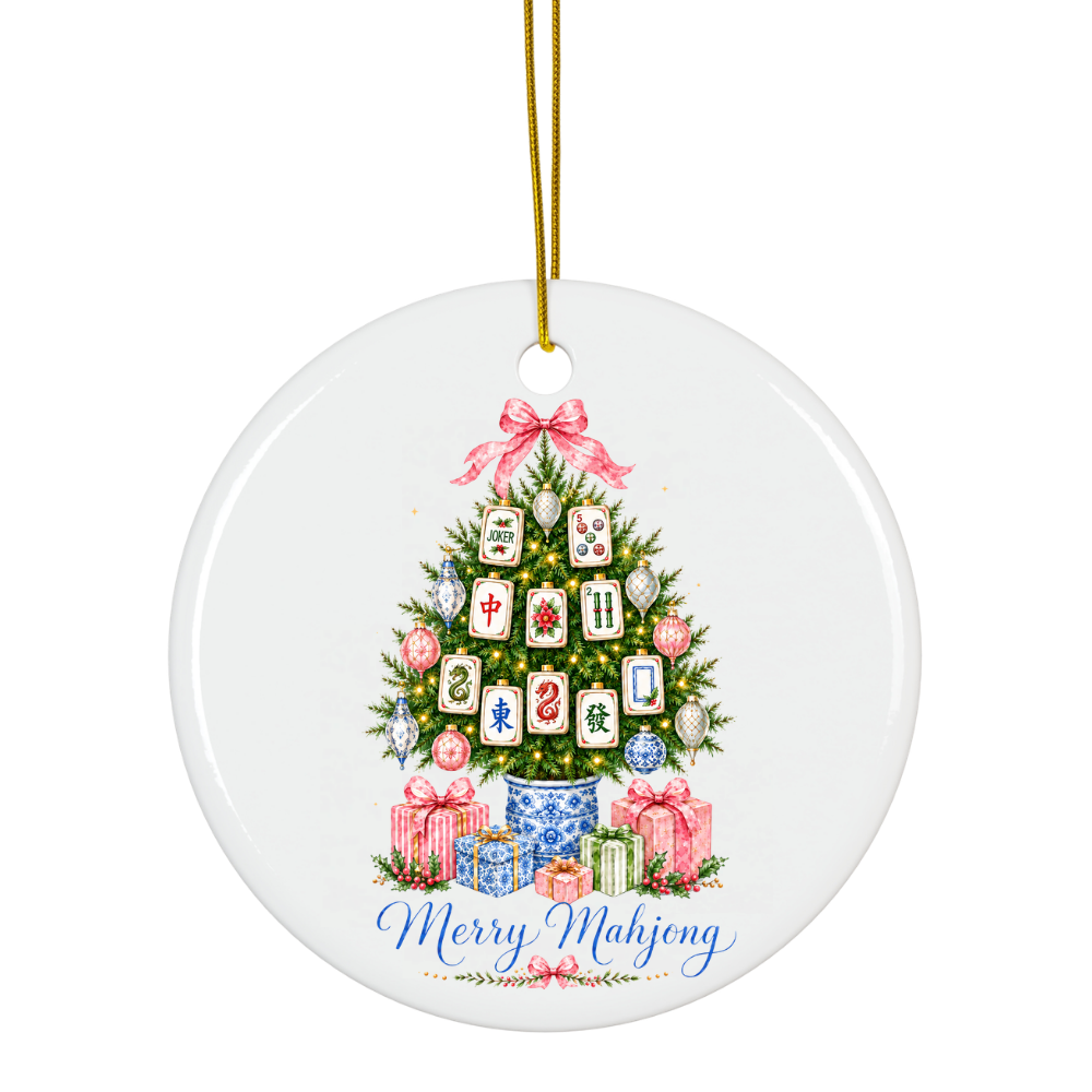 Round white ceramic ornament featuring a Christmas tree decorated with mahjong tiles reading Merry Mahjong
