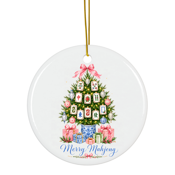 Round white ceramic ornament featuring a Christmas tree decorated with mahjong tiles reading Merry Mahjong