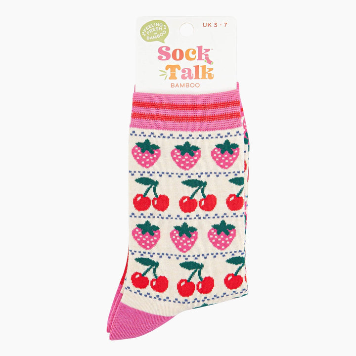 Strawberry Cherry Fair Isle Bamboo Socks in Cream