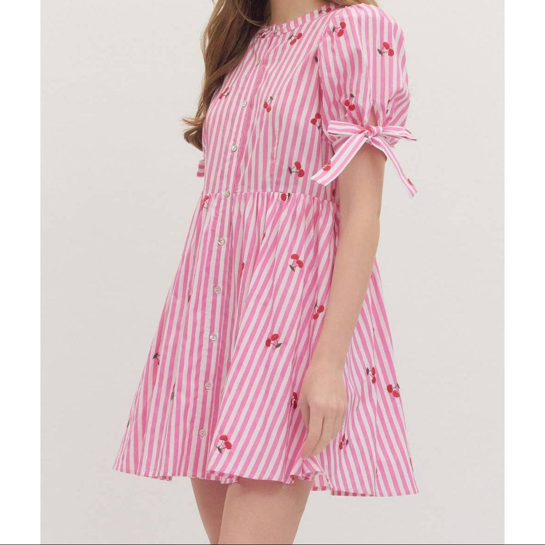 Striped Cherry Short Sleeve Mini Dress