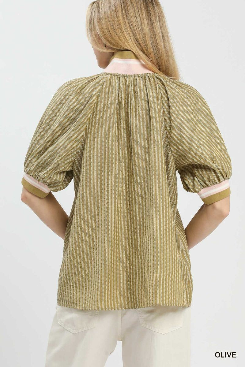 Band Puff Sleeve Half Zip Top